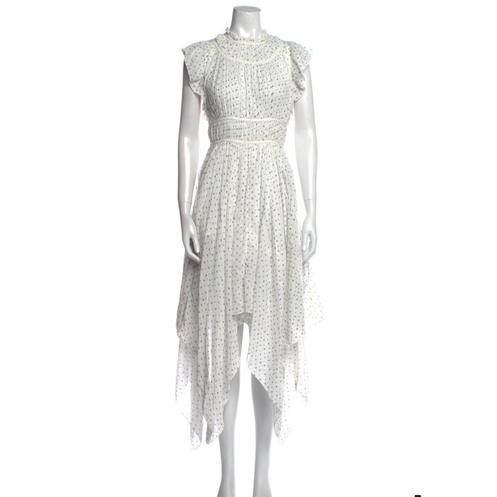 Ulla Johnson White/Blue Floral Handkerchief High Neck Flutter Sleeve Dress Sz 2